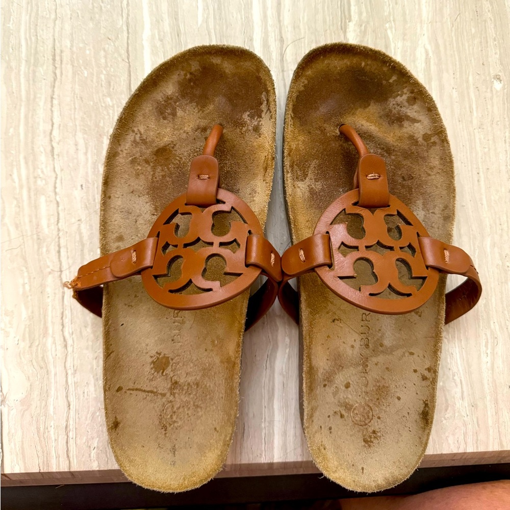 Brown Tory Burch slide in sandals